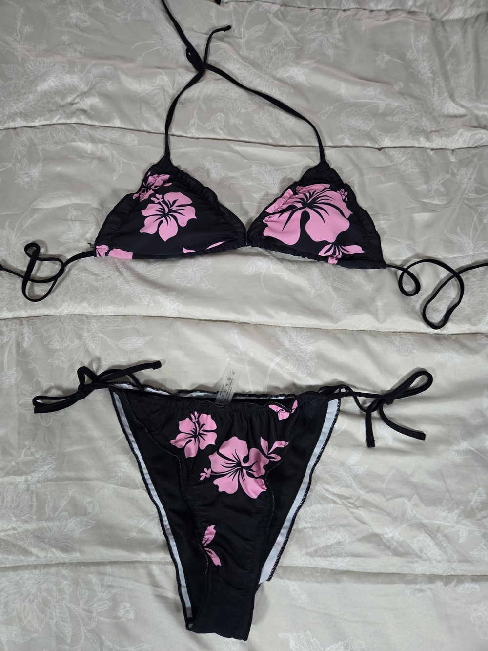 Women’s Black & Pink Floral Tie-Side Bikini Set